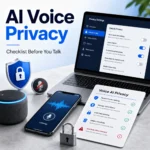 AI voice assistant privacy checklist thumbnail showing a smartphone voice waveform, laptop privacy settings, muted microphone icon, lock, shield, smart speaker, and voice privacy card.