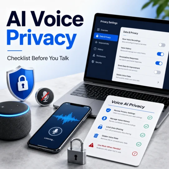 AI voice assistant privacy checklist thumbnail showing a smartphone voice waveform, laptop privacy settings, muted microphone icon, lock, shield, smart speaker, and voice privacy card.