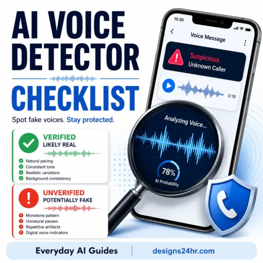 AI voice detector checklist showing a suspicious voice recording, audio waveform, verification scan and safety warning