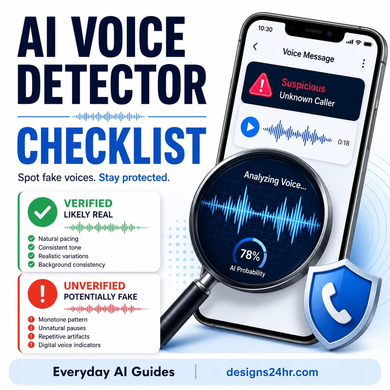 AI voice detector checklist showing a suspicious voice recording, audio waveform, verification scan and safety warning