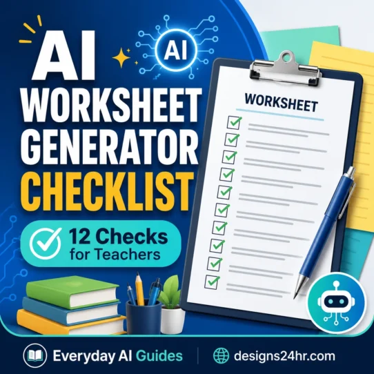 AI worksheet generator checklist showing essential accuracy, answer-key, grade-level, privacy, and classroom-readiness checks for teachers