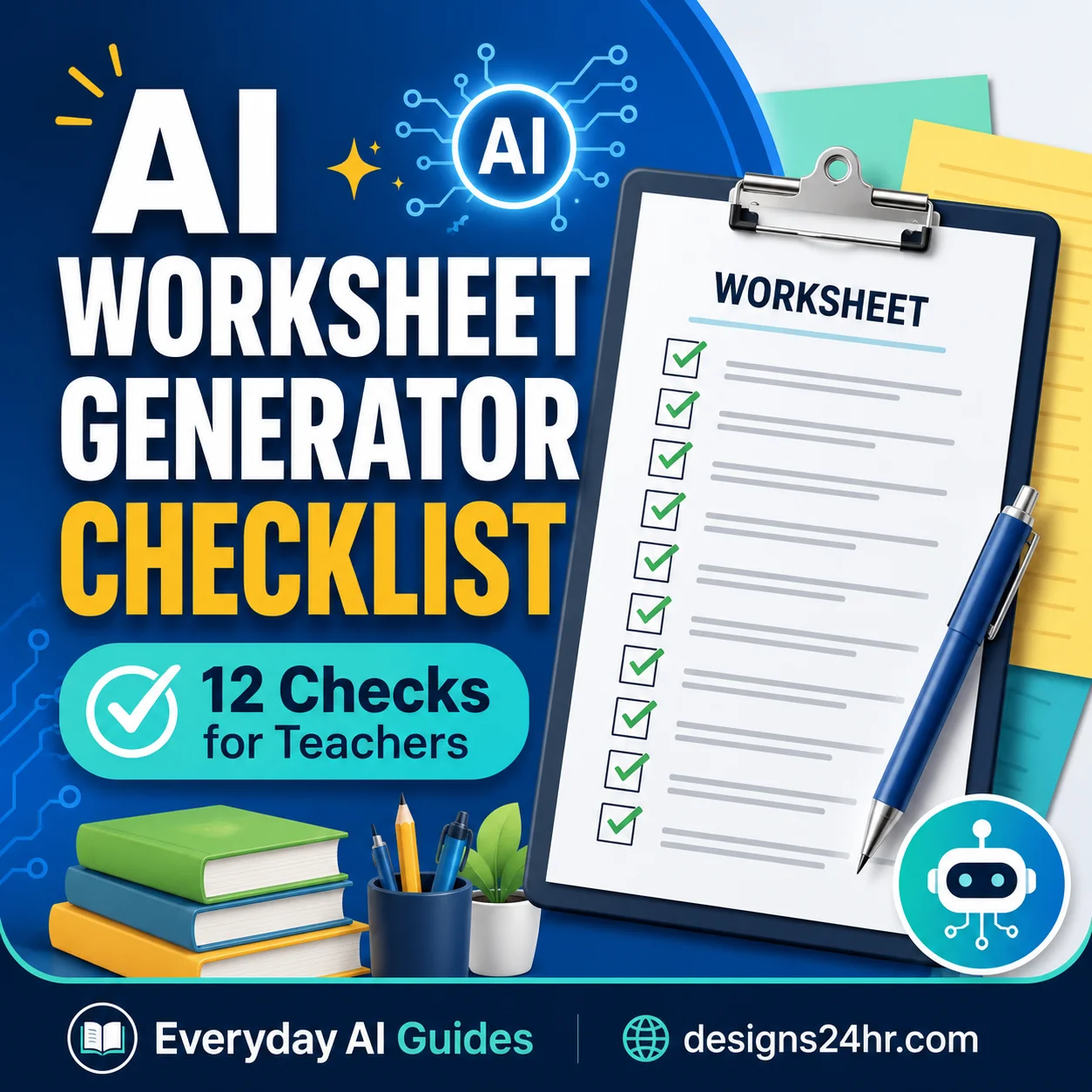 AI worksheet generator checklist showing essential accuracy, answer-key, grade-level, privacy, and classroom-readiness checks for teachers
