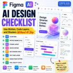 Bright Figma AI design checklist thumbnail showing a clean design canvas with Motion, Code Layers, Shader Effects, and tips to avoid generic AI design