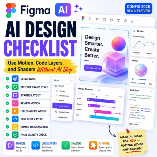 Bright Figma AI design checklist thumbnail showing a clean design canvas with Motion, Code Layers, Shader Effects, and tips to avoid generic AI design