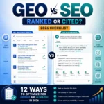 GEO vs SEO checklist comparing Google search rankings with AI-generated answers and citations