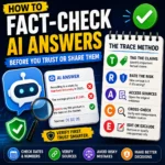 Person reviewing an AI answer with the TRACE fact-checking checklist for claims, risk, sources, cross-checking and editing.