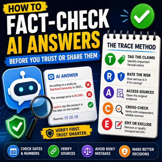 Person reviewing an AI answer with the TRACE fact-checking checklist for claims, risk, sources, cross-checking and editing.