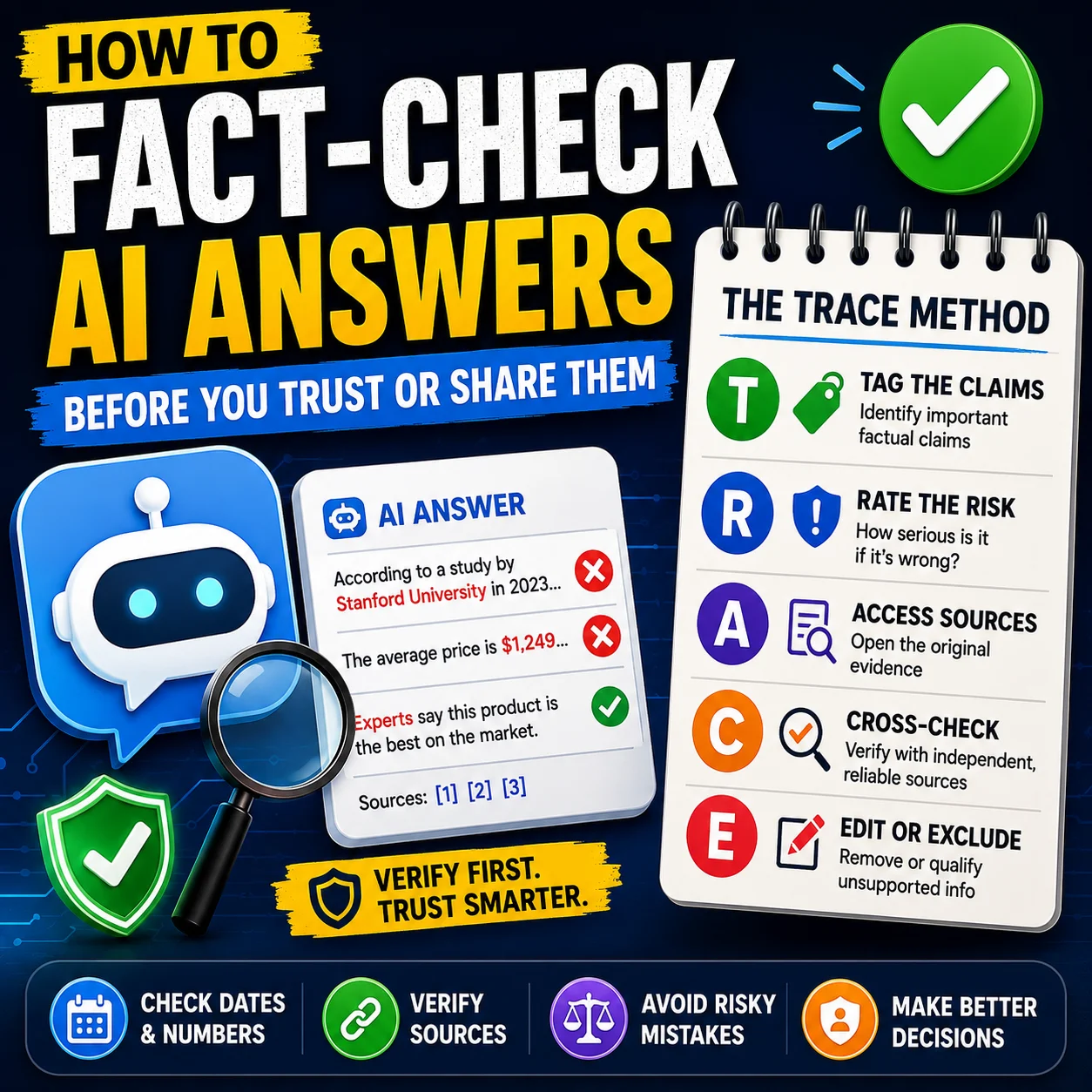 Person reviewing an AI answer with the TRACE fact-checking checklist for claims, risk, sources, cross-checking and editing.