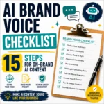 AI brand voice checklist showing 15 steps for creating consistent on-brand AI content