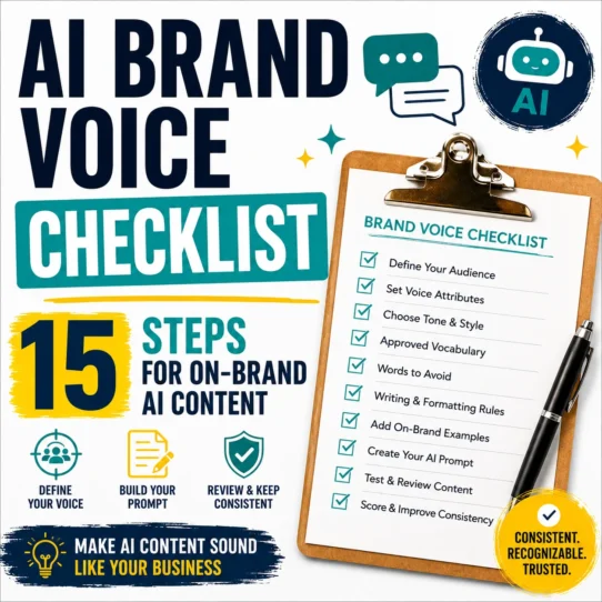 AI brand voice checklist showing 15 steps for creating consistent on-brand AI content