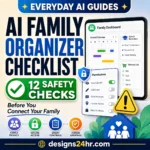 AI family organizer app checklist with shared calendar, privacy shield, permission controls, school reminders and shopping list safety checks