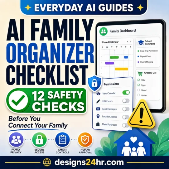 AI family organizer app checklist with shared calendar, privacy shield, permission controls, school reminders and shopping list safety checks