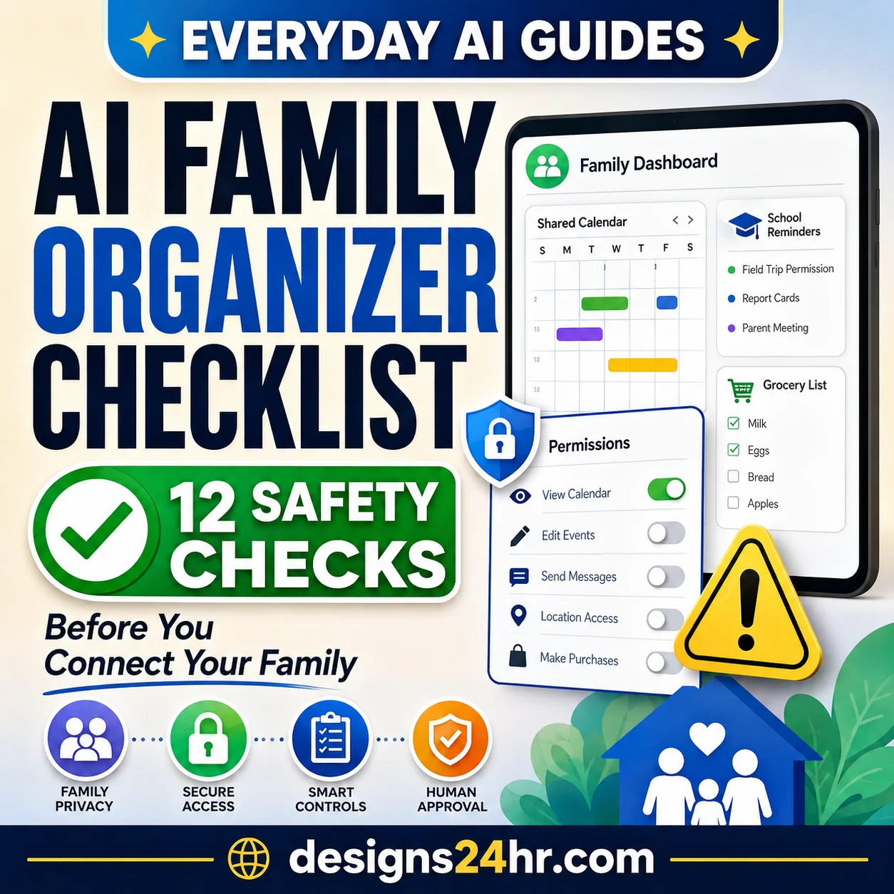 AI family organizer app checklist with shared calendar, privacy shield, permission controls, school reminders and shopping list safety checks