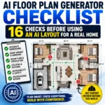 AI floor plan generator checklist showing a house layout with room dimensions, door swings, walking routes, utilities, accessibility checks and professional review.