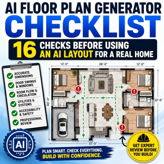 AI floor plan generator checklist showing a house layout with room dimensions, door swings, walking routes, utilities, accessibility checks and professional review.