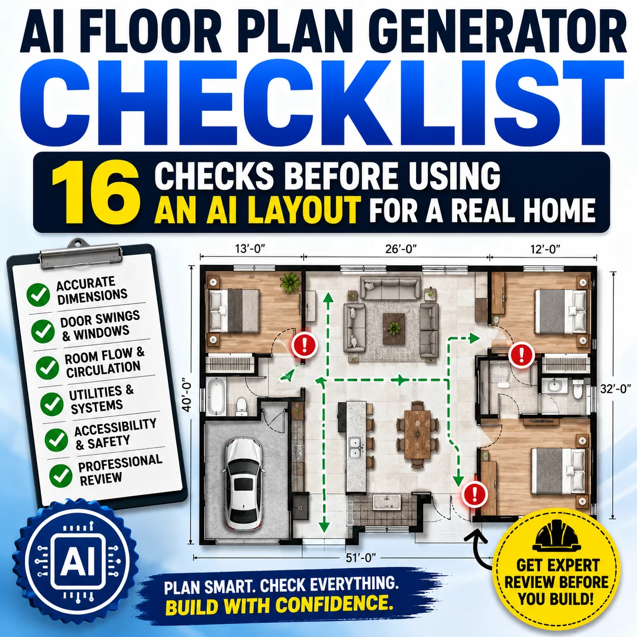 AI floor plan generator checklist showing a house layout with room dimensions, door swings, walking routes, utilities, accessibility checks and professional review.