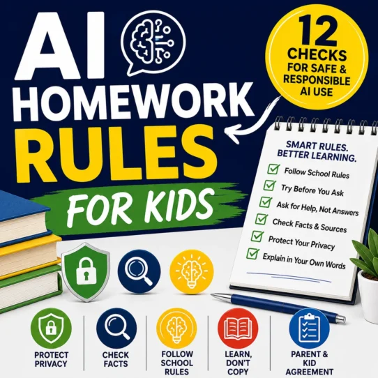 AI homework rules for kids showing 12 checks for safe and responsible AI homework use
