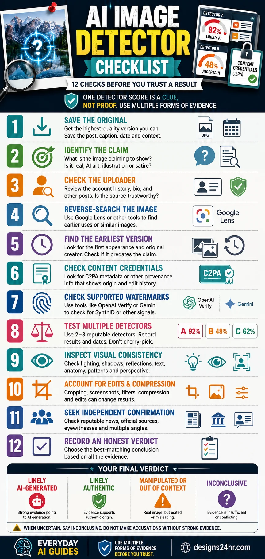 Vertical AI image detector checklist explaining 12 steps for checking sources, reverse searches, provenance, watermarks, detector scores and contextual evidence