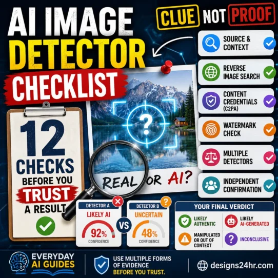 AI image detector checklist showing 12 checks for verifying whether a suspicious picture may be AI-generated