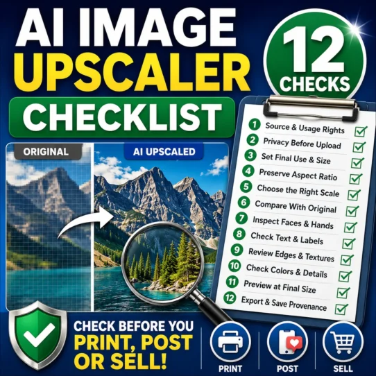 AI image upscaler checklist showing an original image, enlarged comparison, magnifying glass and 12 quality checks