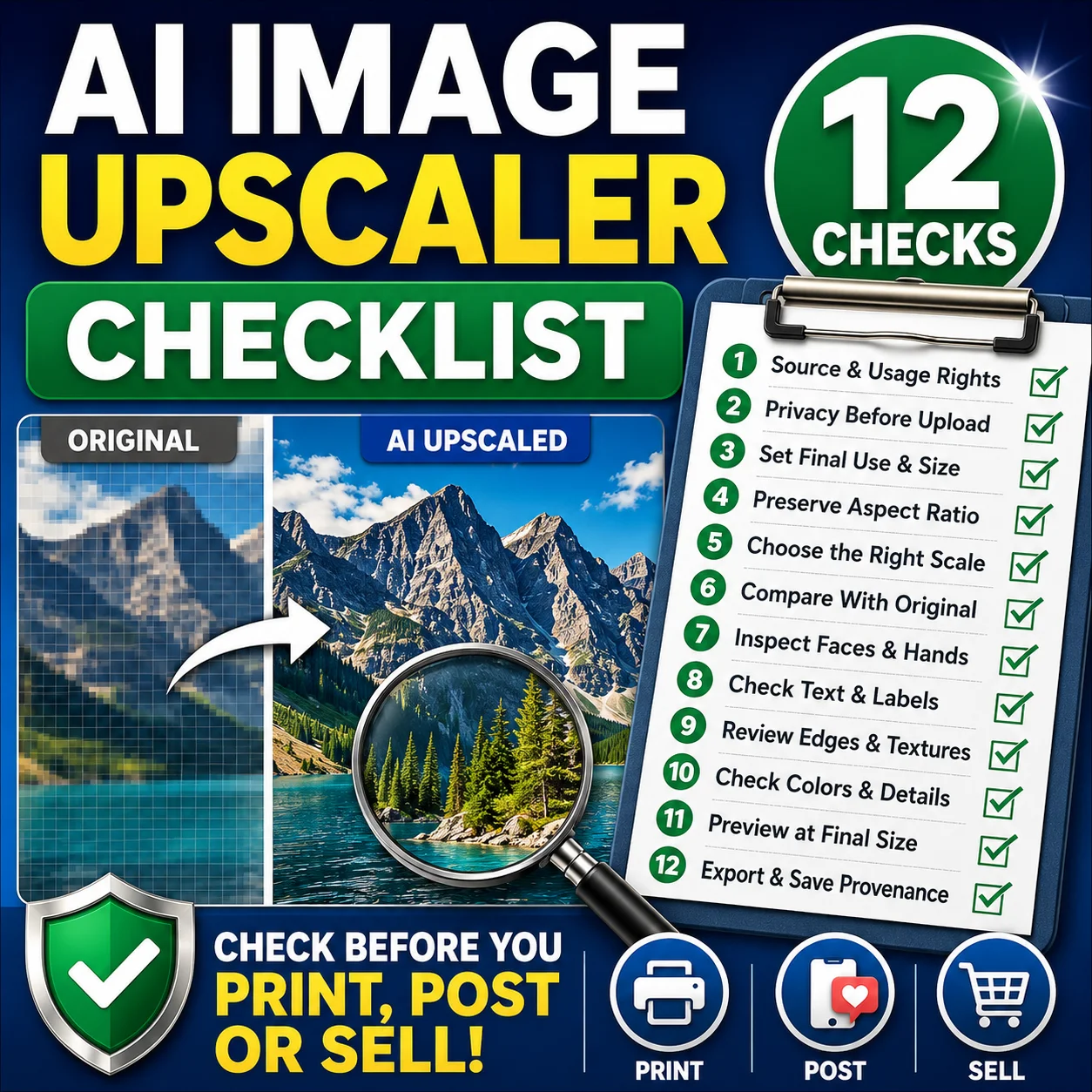 AI image upscaler checklist showing an original image, enlarged comparison, magnifying glass and 12 quality checks