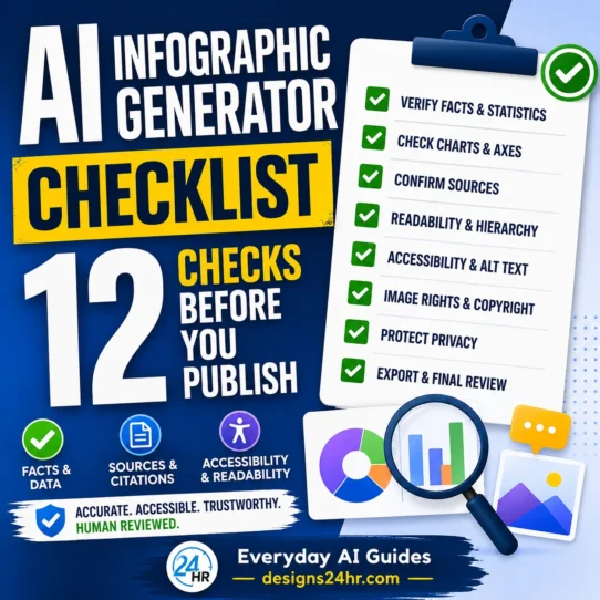 AI infographic generator checklist showing charts, verified sources, readable text, accessibility checks and final human approval