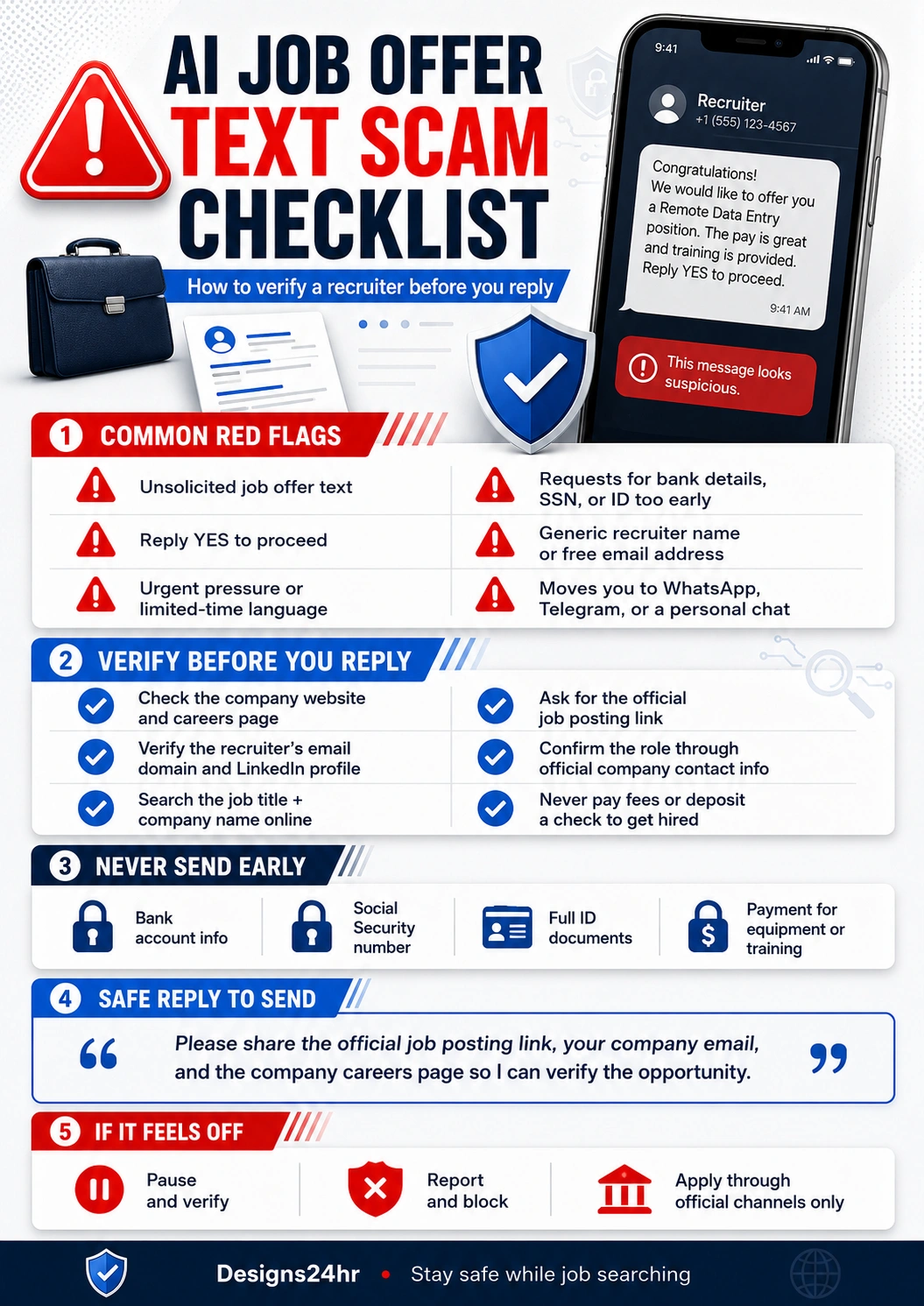 AI job offer text scam checklist infographic showing common fake recruiter red flags, verification steps, personal information to avoid sending early, and a safe reply to send before continuing.