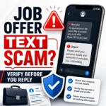 AI job offer text scam checklist thumbnail showing a suspicious recruiter text message, red warning icon, phone screen, shield checkmark, and verify before you reply message.