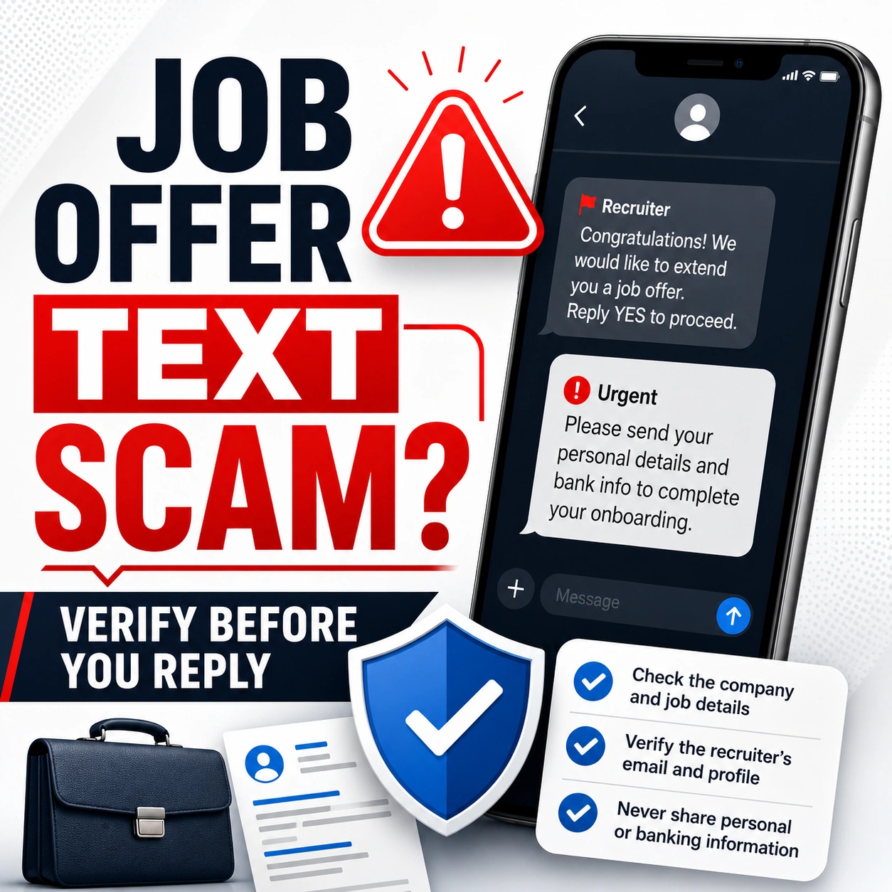 AI job offer text scam checklist thumbnail showing a suspicious recruiter text message, red warning icon, phone screen, shield checkmark, and verify before you reply message.