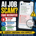 AI job scam checklist thumbnail showing a suspicious recruiter message and the steps stop, search, and verify before responding.