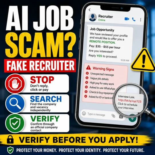 AI job scam checklist thumbnail showing a suspicious recruiter message and the steps stop, search, and verify before responding.