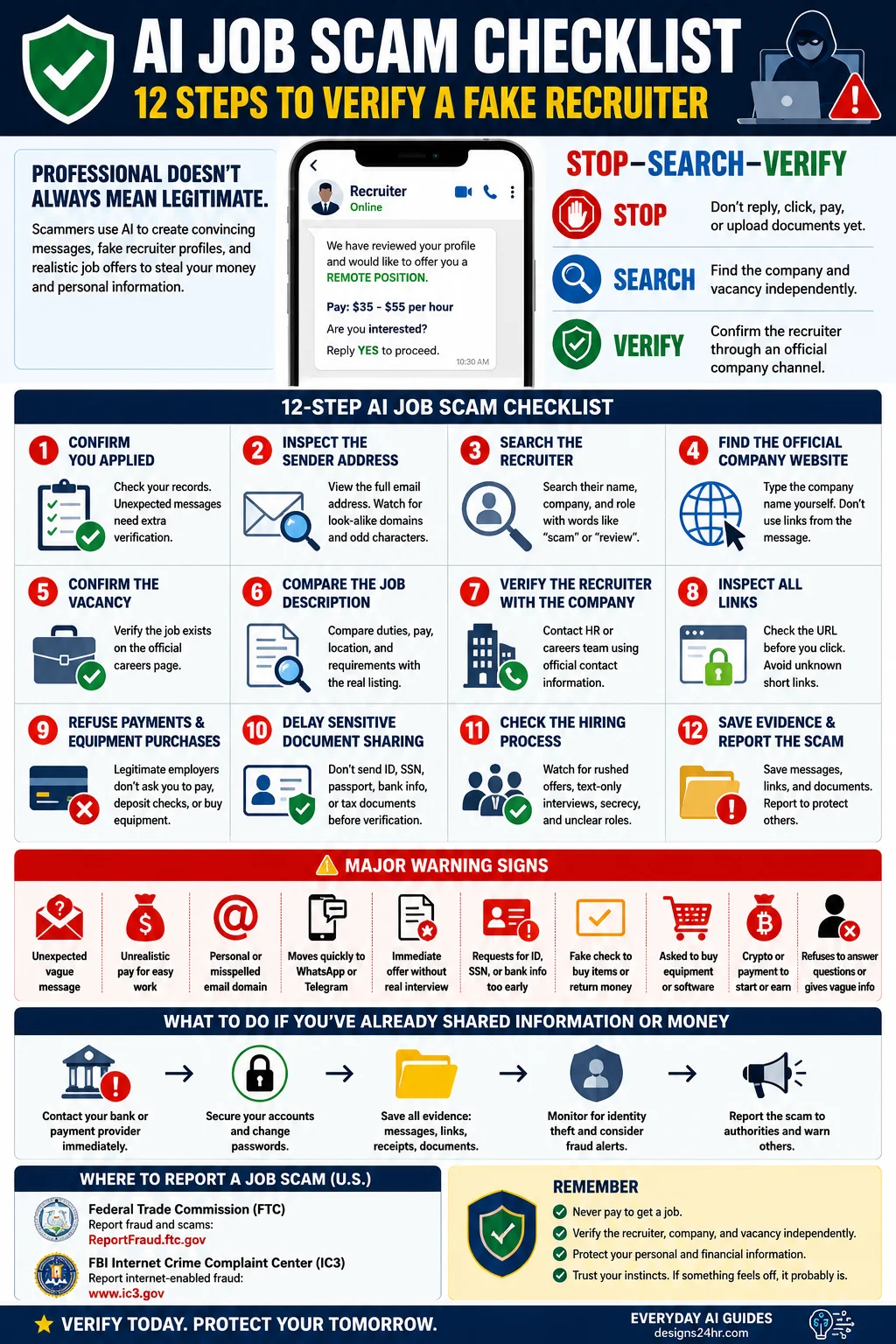 Vertical AI job scam checklist explaining how to verify a recruiter, employer, vacancy, interview link, document request, and payment instructions.