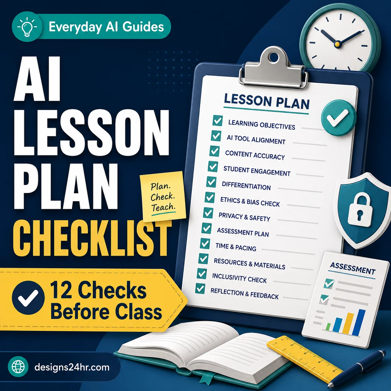 AI lesson plan generator checklist with 12 checks for standards, facts, timing, accessibility, assessment, privacy, and teacher approval.