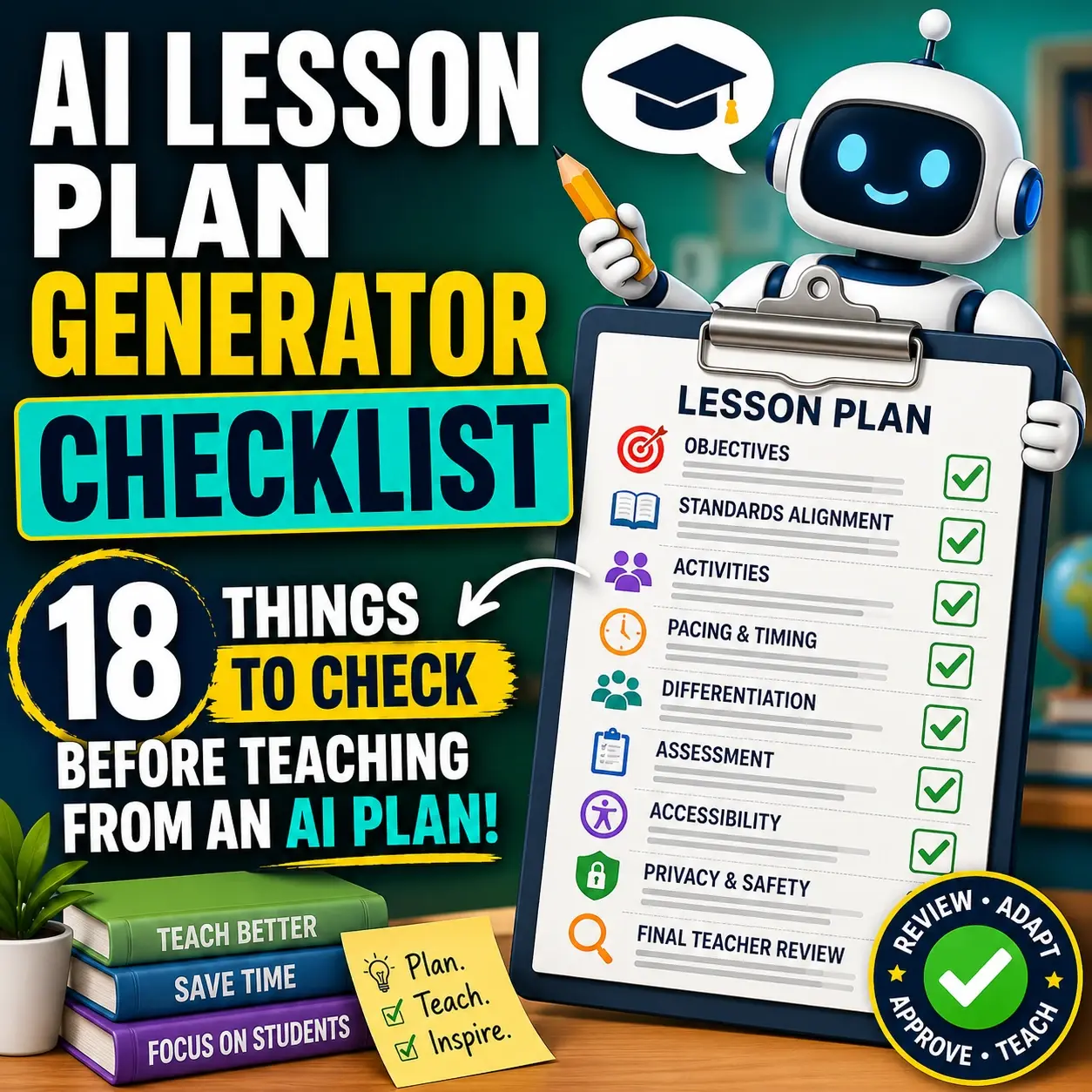 AI lesson plan generator checklist covering objectives, accuracy, timing, differentiation, privacy, accessibility and teacher review