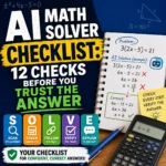 AI math solver checklist showing an equation, step verification, calculator, units and final answer check