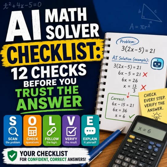 AI math solver checklist showing an equation, step verification, calculator, units and final answer check