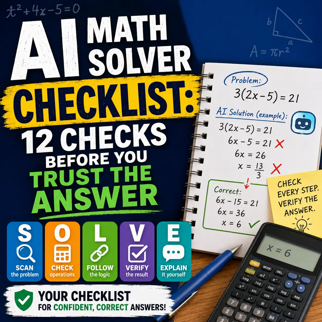 AI math solver checklist showing an equation, step verification, calculator, units and final answer check