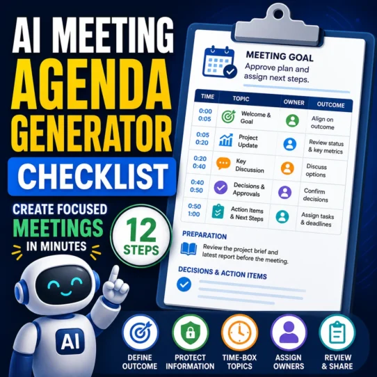AI meeting agenda generator checklist showing a focused agenda with meeting goal, timed topics, owners, preparation, decisions, and final human review.