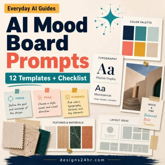 AI mood board prompts guide with color swatches, material samples, layout cards, and a quality checklist