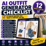 AI outfit generator checklist showing a virtual try-on preview with clothing accuracy, fit and privacy checks
