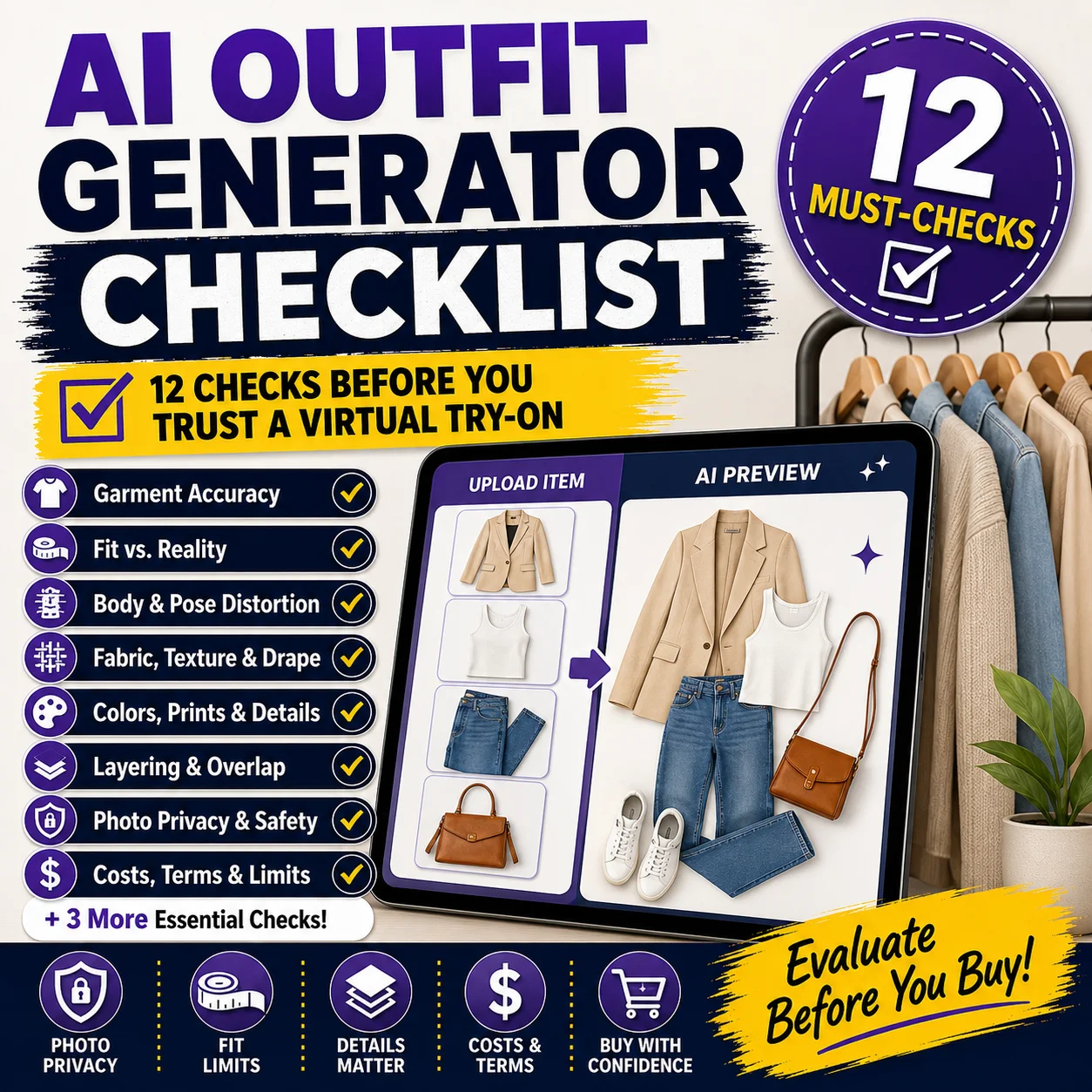 AI outfit generator checklist showing a virtual try-on preview with clothing accuracy, fit and privacy checks