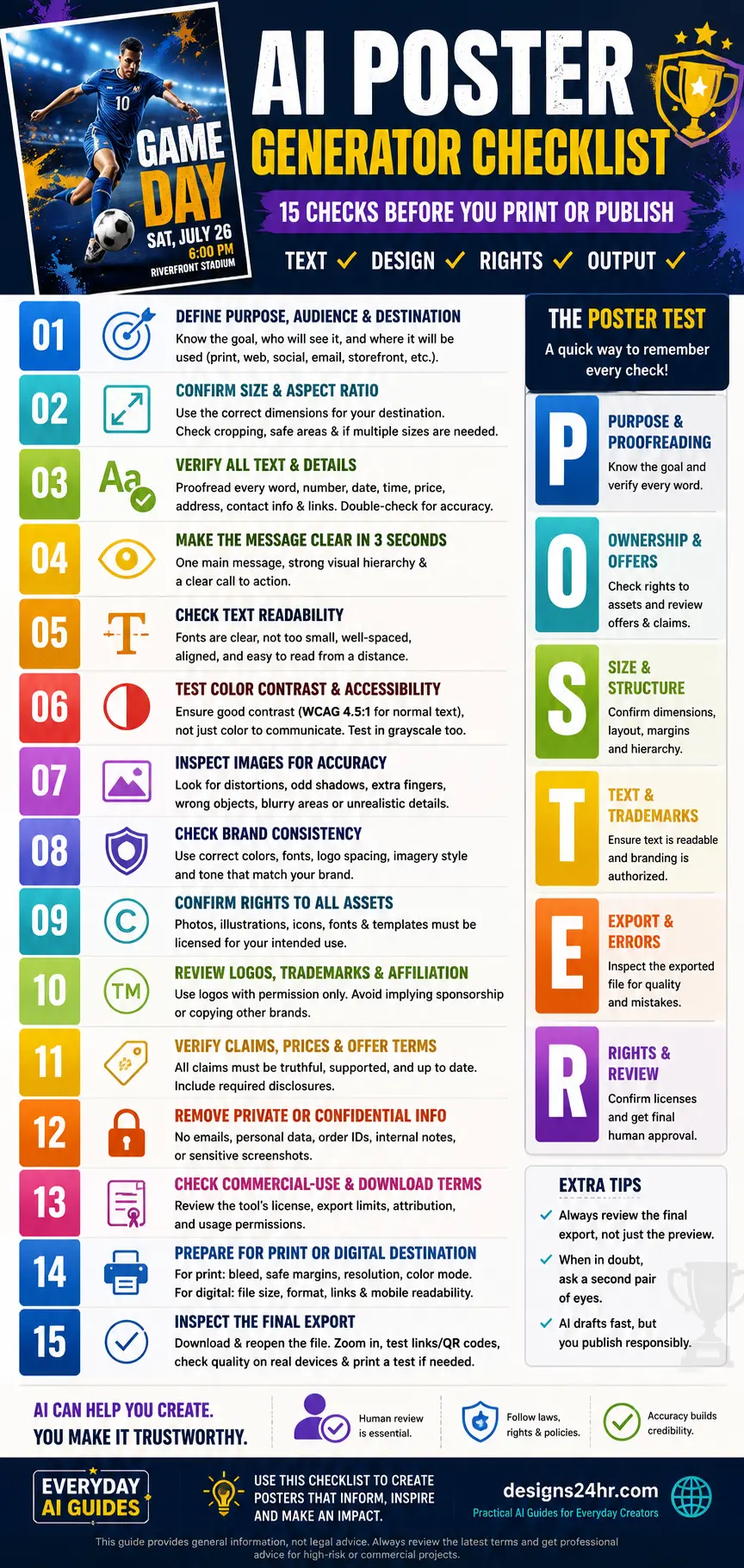 Vertical infographic showing 15 checks for reviewing an AI-generated poster before printing or publishing