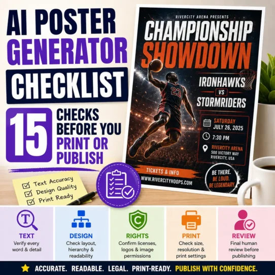 AI poster generator checklist showing a poster design, proofreading marks, image-rights shield, print settings, and 15 review checks