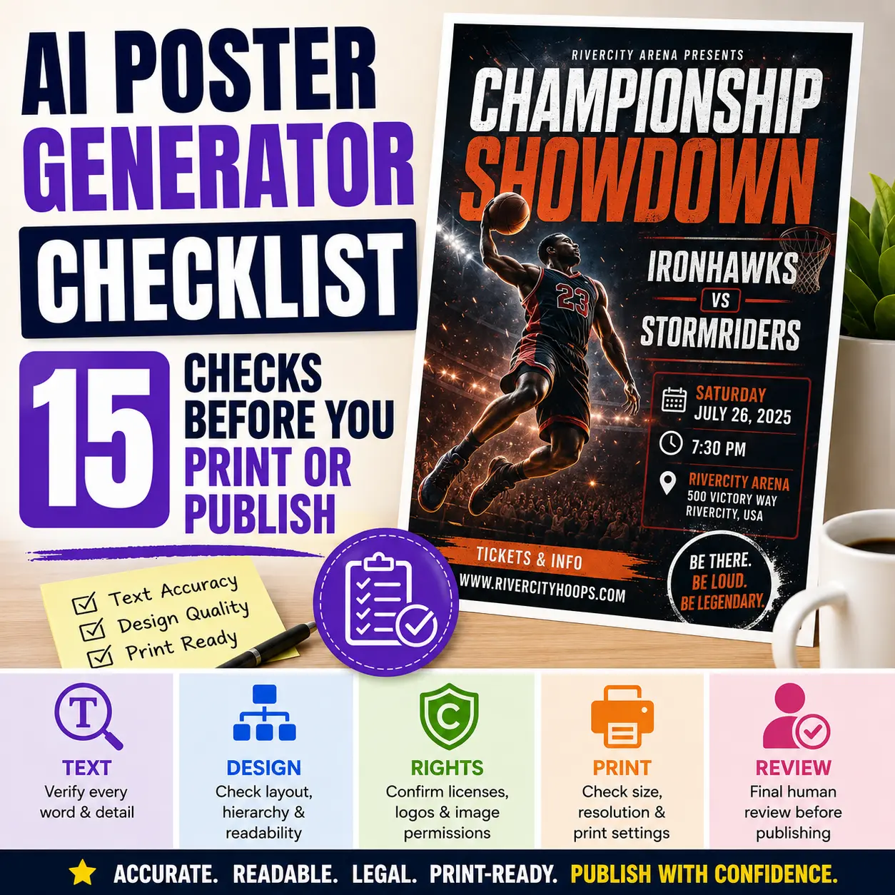 AI poster generator checklist showing a poster design, proofreading marks, image-rights shield, print settings, and 15 review checks