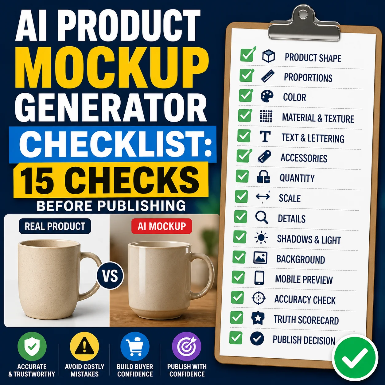 AI product mockup generator checklist showing product image accuracy checks