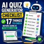 AI quiz generator checklist showing questions, answer choices, accuracy, privacy and review checks