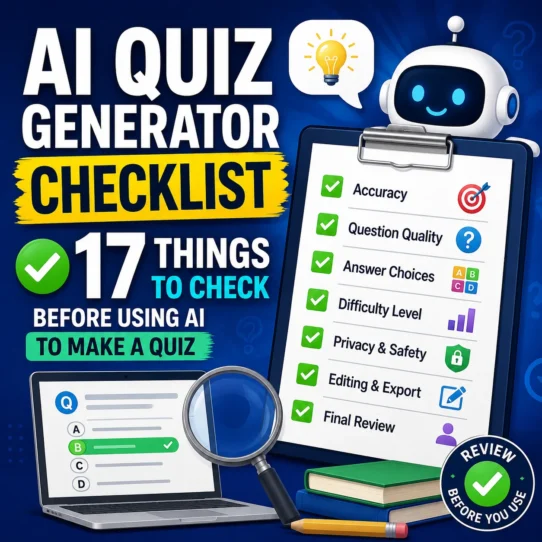 AI quiz generator checklist showing questions, answer choices, accuracy, privacy and review checks