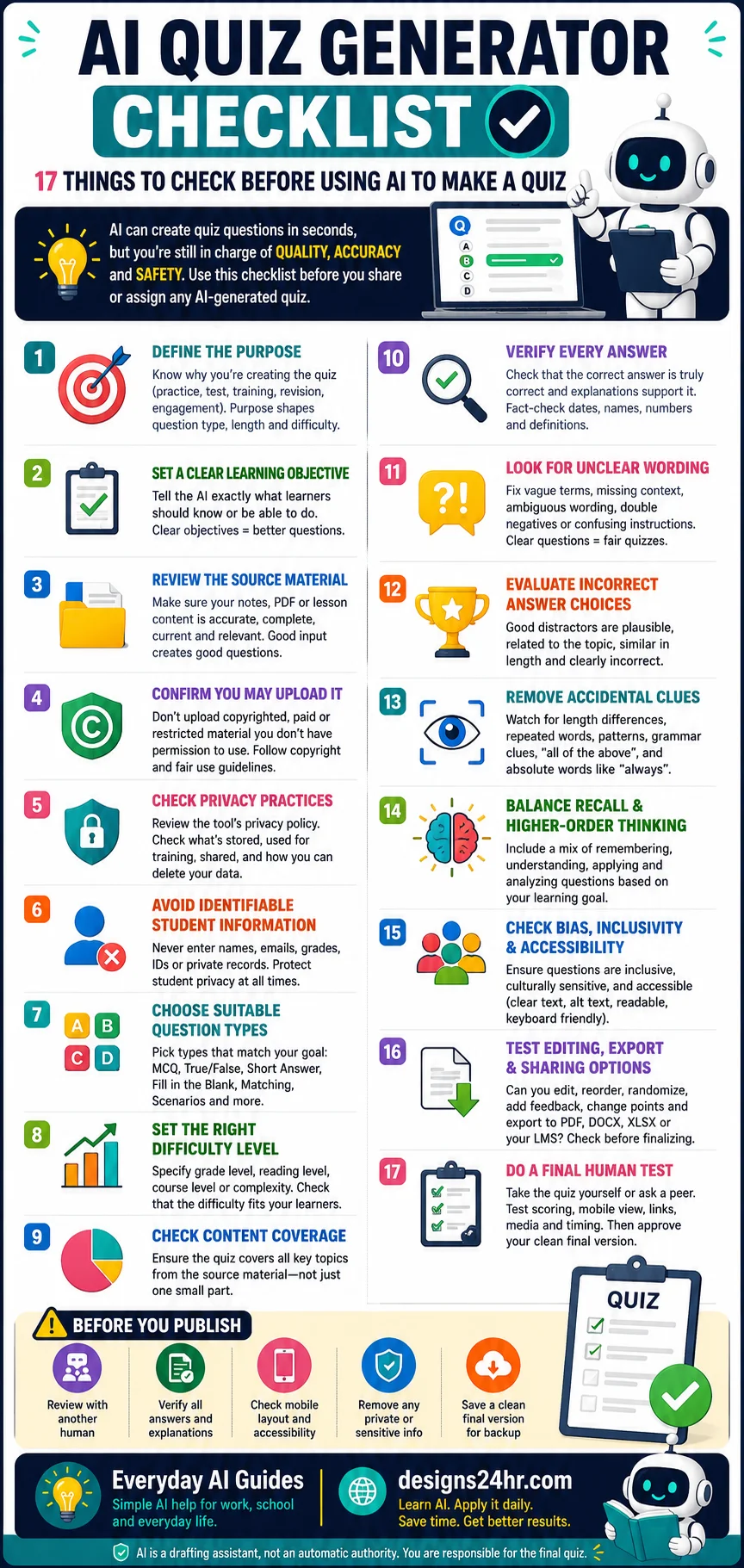 17-point AI quiz generator checklist for checking accuracy, question quality, difficulty, privacy, accessibility and export options