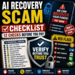 AI recovery scam checklist showing a fake recovery agent, suspicious payment request, AI video warning and verification shield