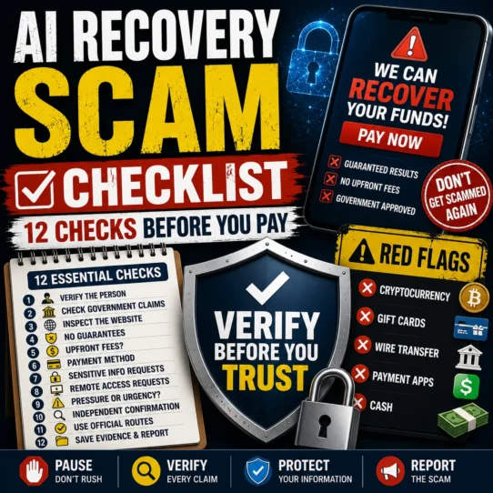 AI recovery scam checklist showing a fake recovery agent, suspicious payment request, AI video warning and verification shield